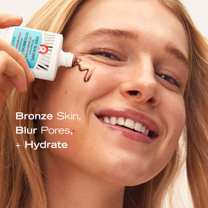 Model using Bronze + Glow Drops. Bronze Skin, Blur Pores, + Hydrate