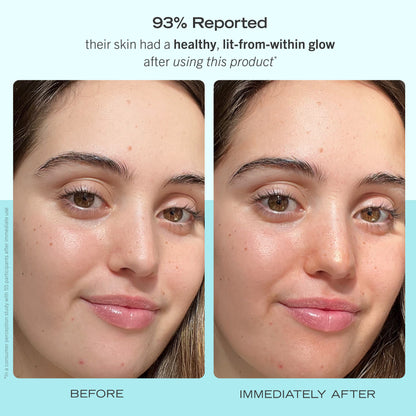 Model of Before and Immediately after using Bronze + Glow Drops.  93% Reported their skin had a healthy, lit-from-within glow after using this product.