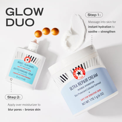 Glow Duo. Step 1: Massage Ultra Repair Cream into skin for instant hydration to soothe + strengthen. Step 2: Apply Bronze + Glow Drops over moisturizer to blur pores + bronze skin.