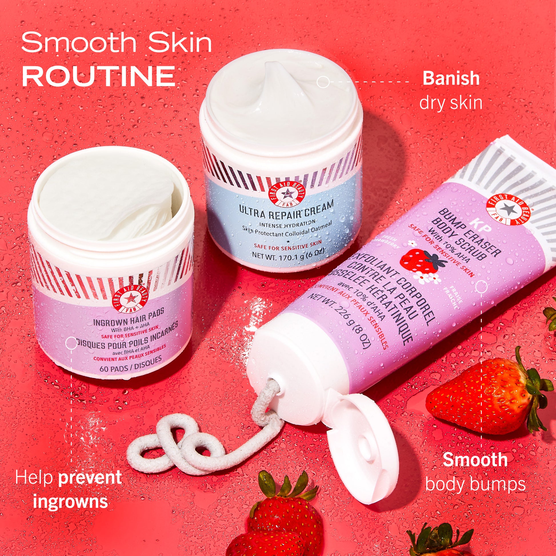 Smooth Skin Routine: Ingrown Hair Pads: Help prevent ingrowns.  Ultra Repair Cream: Banish dry skin.  KP Bump Eraser Body Scrub Fresh Strawberry: Smooth body bumps.