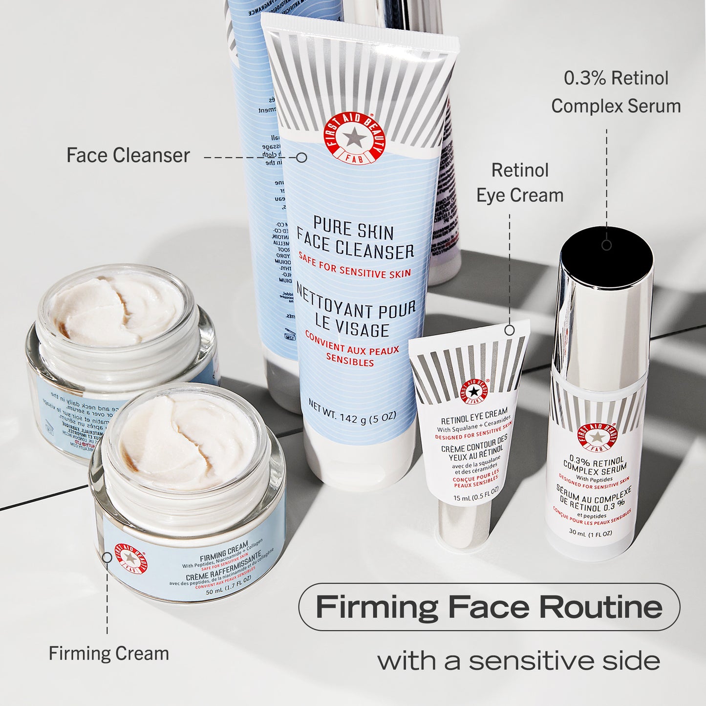 Firming Face Routine with a sensitive side: Face Cleanser, Retinol Eye Cream, 0.3% Retinol Complex Serum + Firming Cream