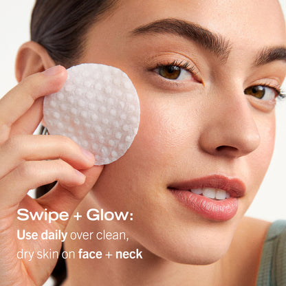 Model only Facial Radiance Pad next to face.  Swipe + Glow: Use daily over clean, dry skin on face + neck.