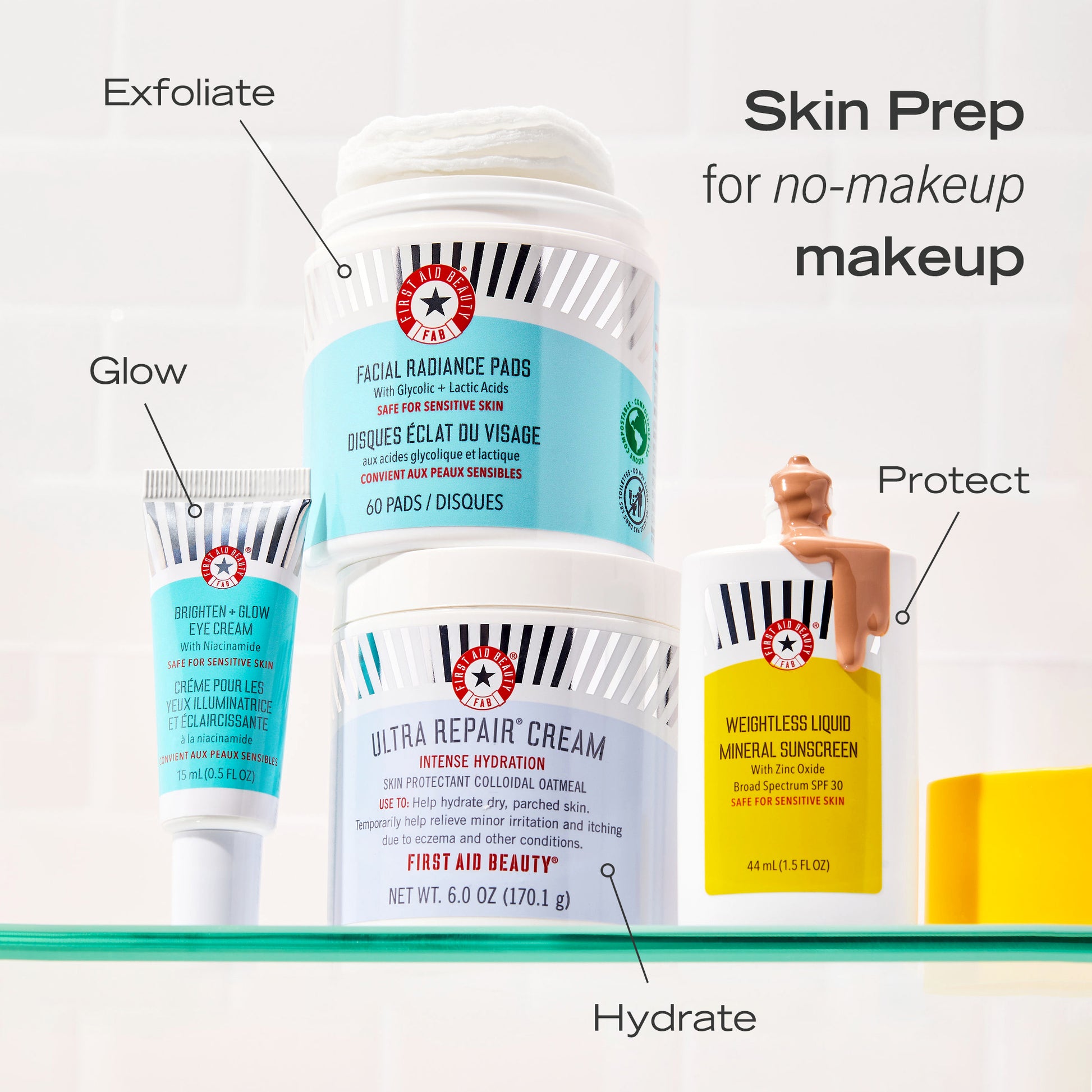 Skin Prep for no-makeup makeup.  Facial Radiance Pads: Exfoliate,  Bronze + Glow Eye Cream: Glow,  Ultra Repair Cream: Hydrate + Weightless Liquid Mineral Sunscreen: Protect.