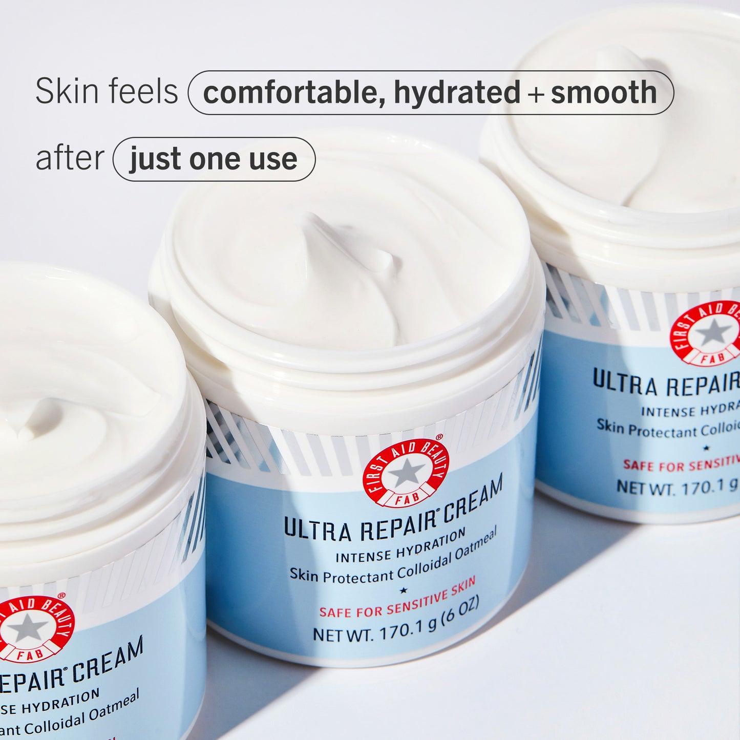 Open jars of Ultra Repair Cream.  Skin feels comfortable, hydrated + smooth after just one use.