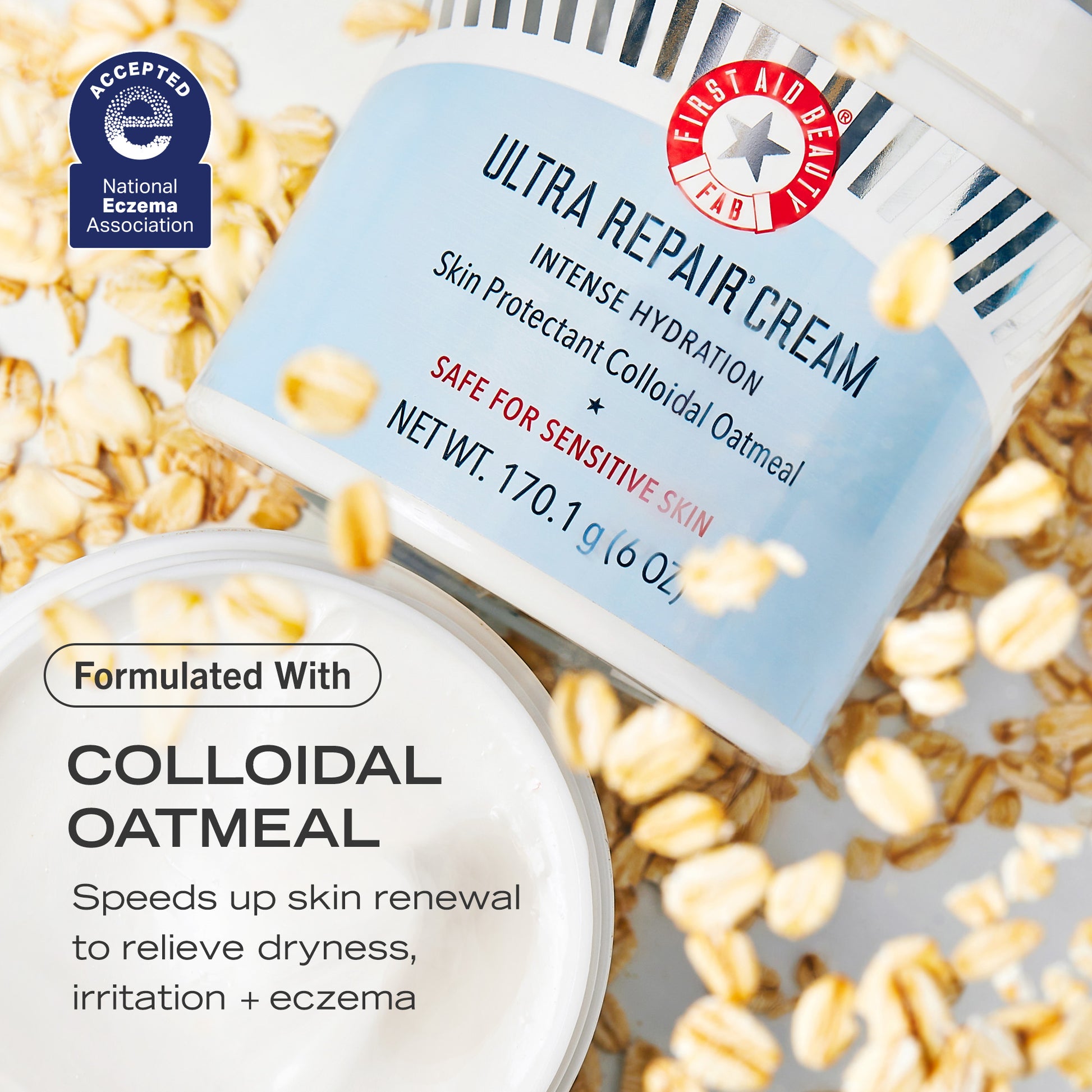 Jar of Ultra Repair Cream with oats.  Formulated With Colloidal Oatmeal. Speeds up skin renewal to relieve dryness, irritation + eczema.