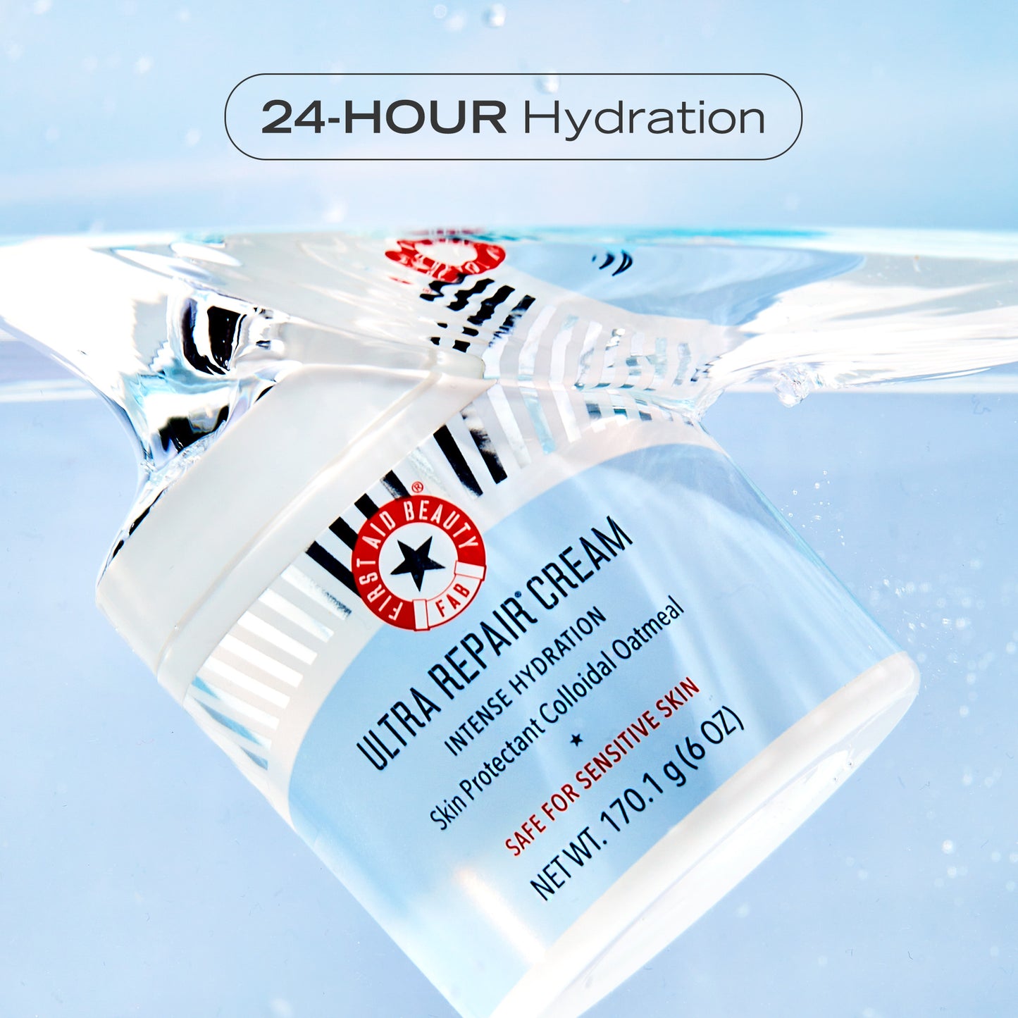 Jar of Ultra Repair Cream in water.  24-Hour Hydration